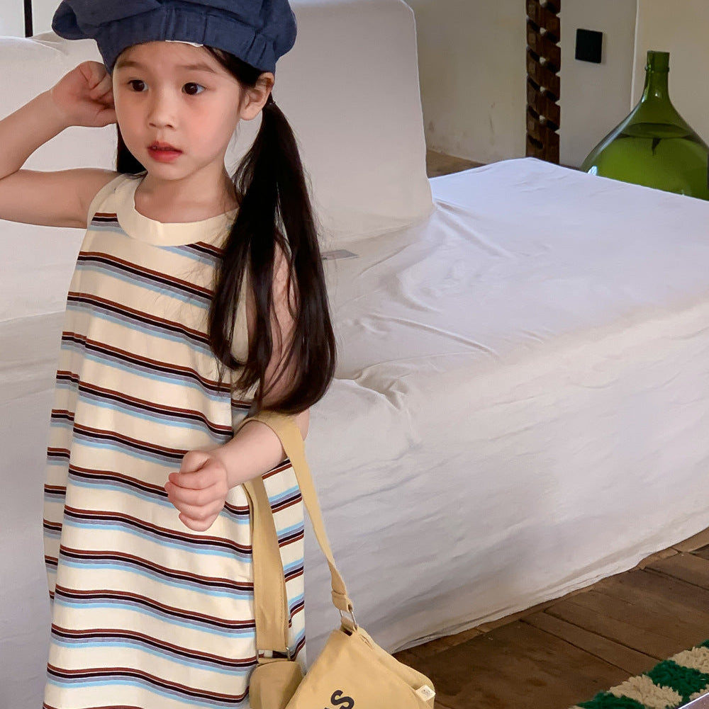 【80-150】マルチボーダーノースリープワンピース