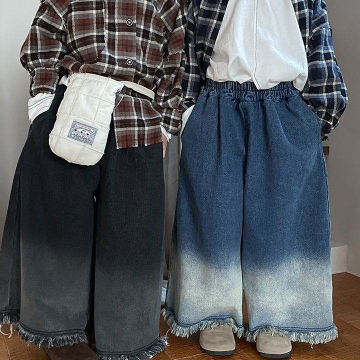 【80-140】カットオフデザインワイドデニムパンツ