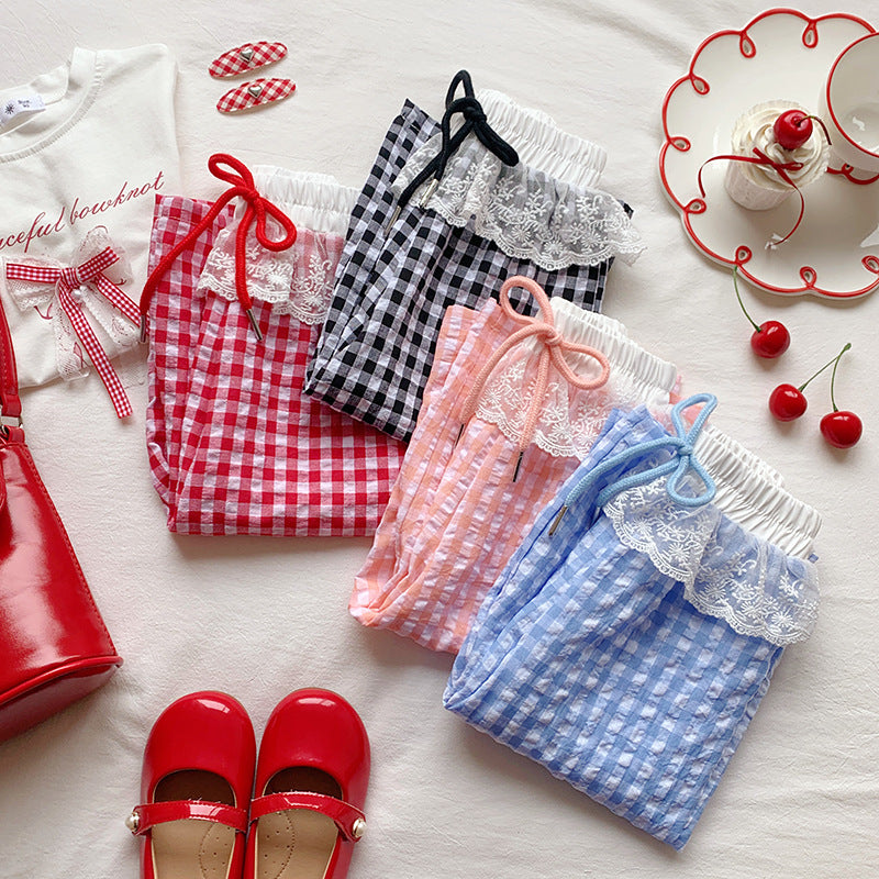 【90-150】ウエストレースギンガムチェックパンツ