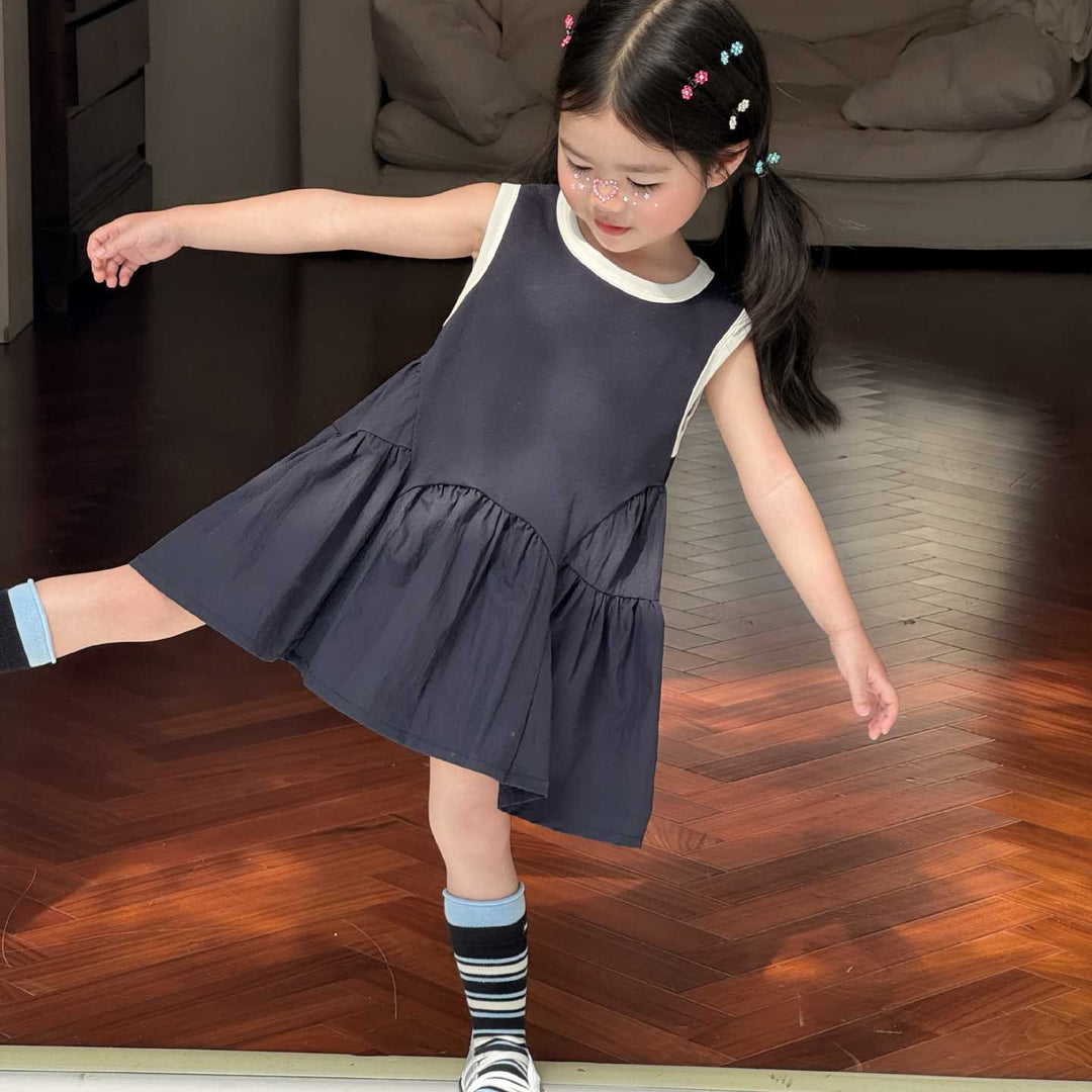 【90-140】デザイン切替バイカラーノースリワンピース