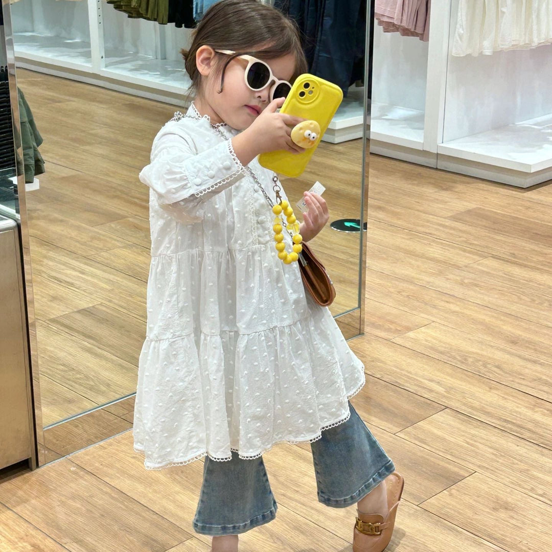 【90-140】スタンドカラースイスドットティアードワンピース