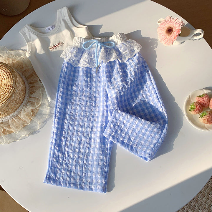 【90-150】ウエストレースギンガムチェックパンツ