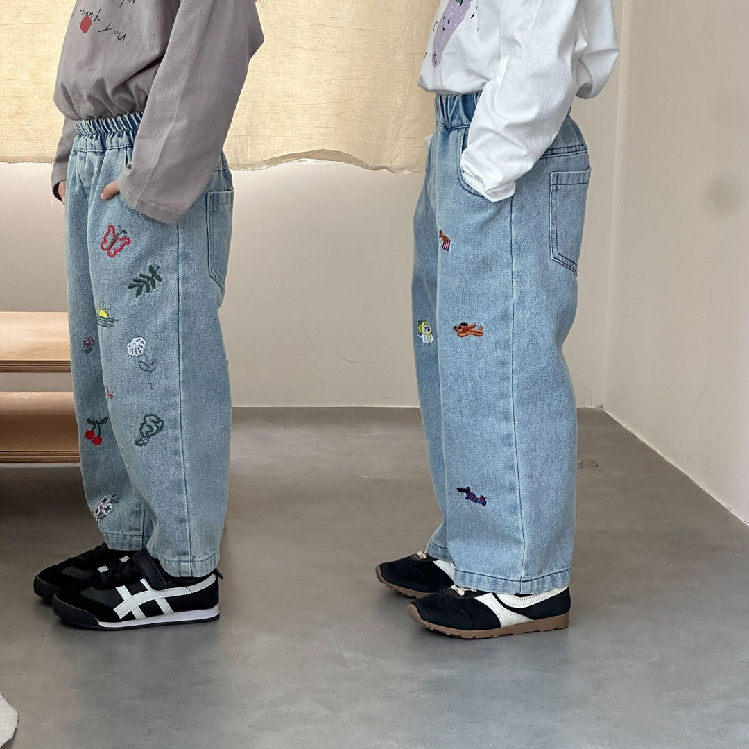 【80-150】刺繍デザインストレートデニムパンツ