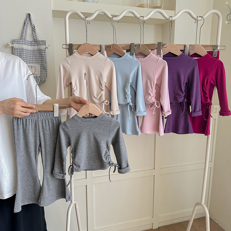 【90-140】ウエストシャーリングトップス×フレアパンツセット