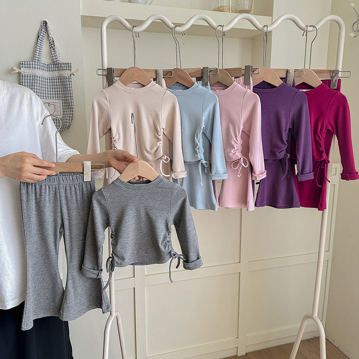 【90-140】ウエストシャーリングトップス×フレアパンツセット