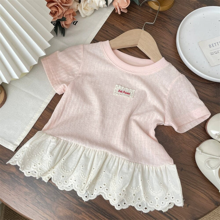 【90-140】レーヤード風レースヘムTシャツ