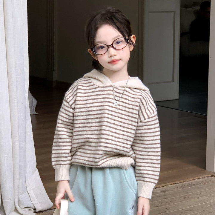 【90-140】ボーダー柄フーディーニット