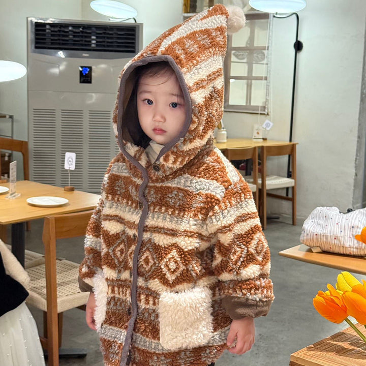 【90-140】ポンポン付きパターンプリントショートコート