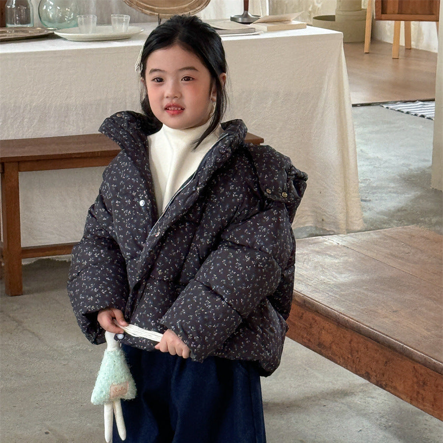 【90-140】フード付き小花柄中綿ジャケット