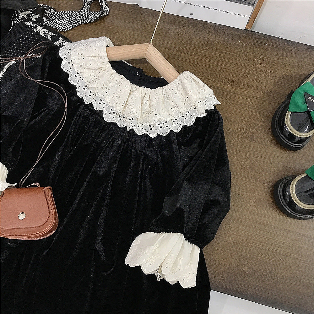 【90-140】レースデザイン長袖ワンピース