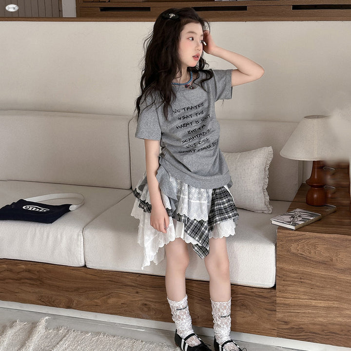 【120-150】英字ロゴウエストシャーリングTシャツ