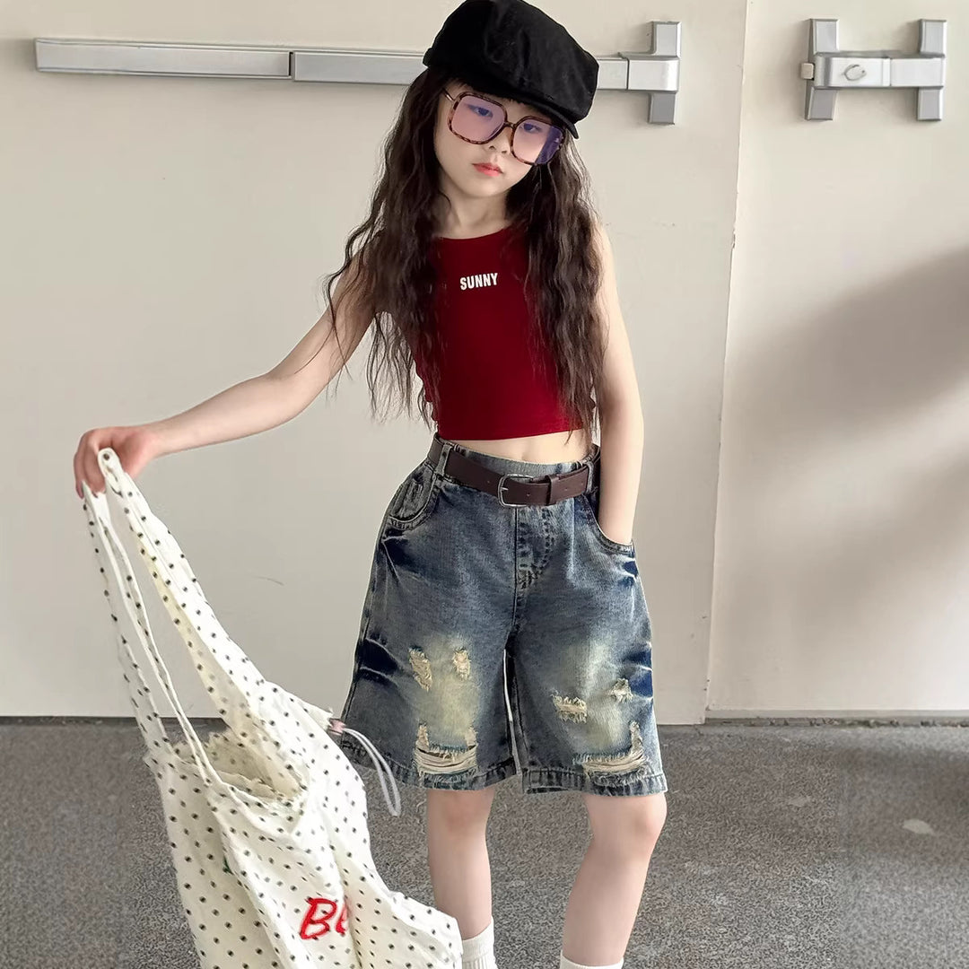 【100-150】ダメージ加工風ベルト付きハーフデニムパンツ