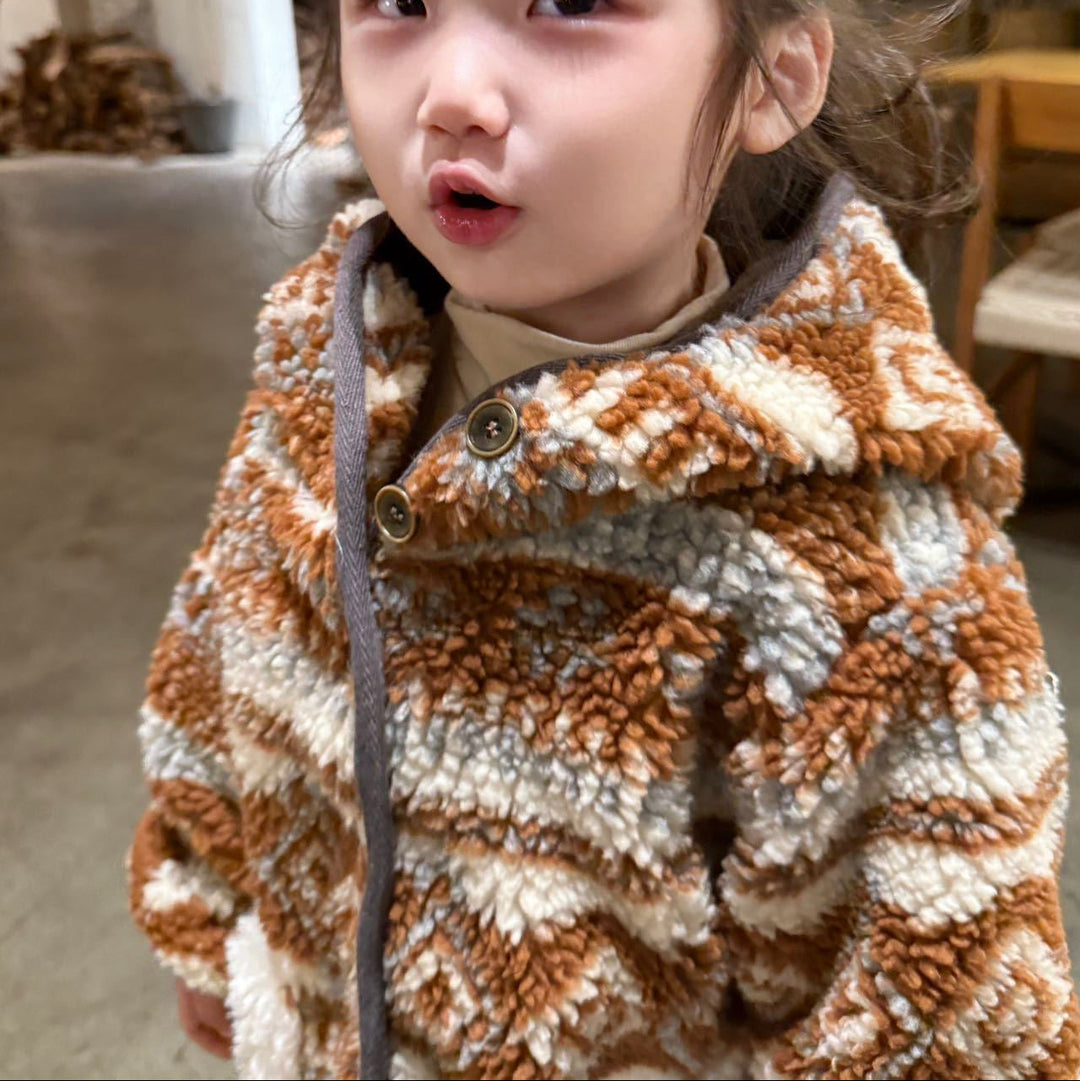 【90-140】ポンポン付きパターンプリントショートコート