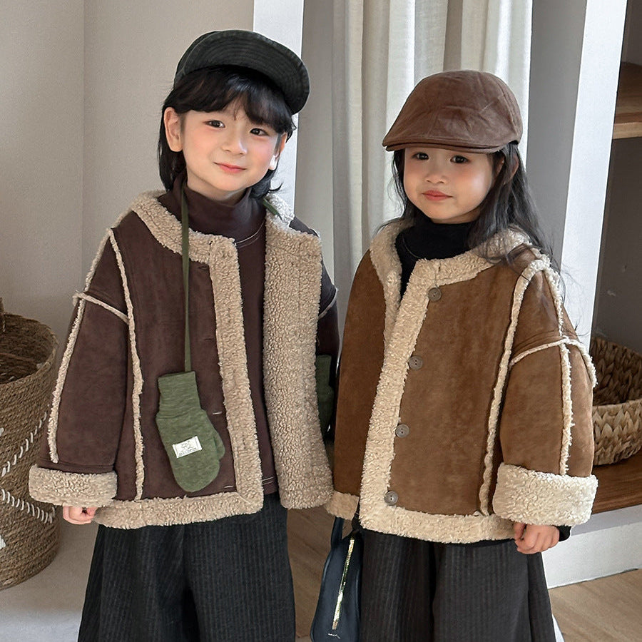 【80-140】ノーカラーフェイクムートンジャケット