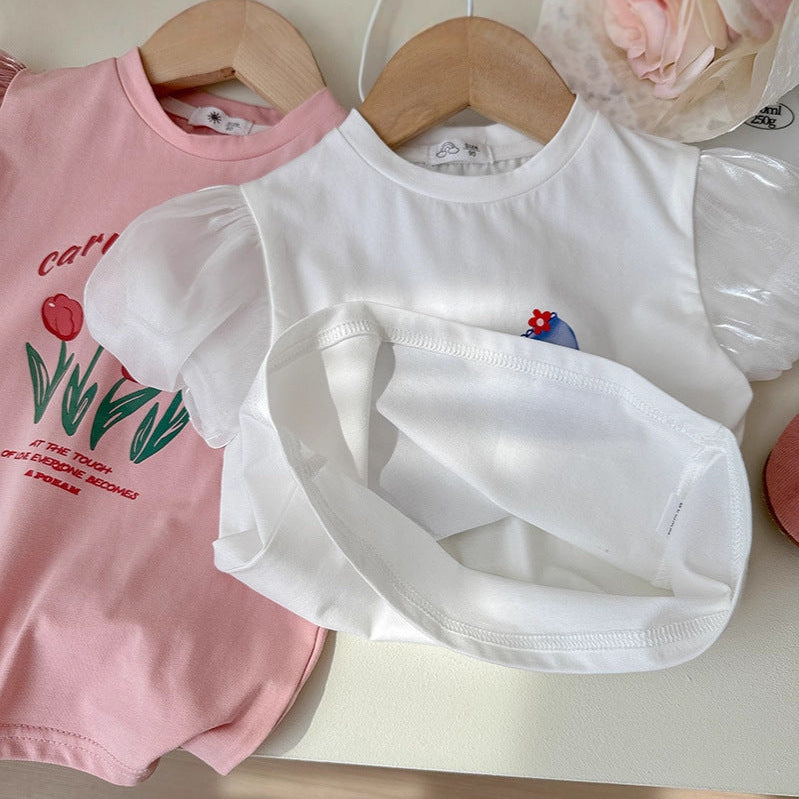 【90-140】フロントデザインパフスリーブTシャツ