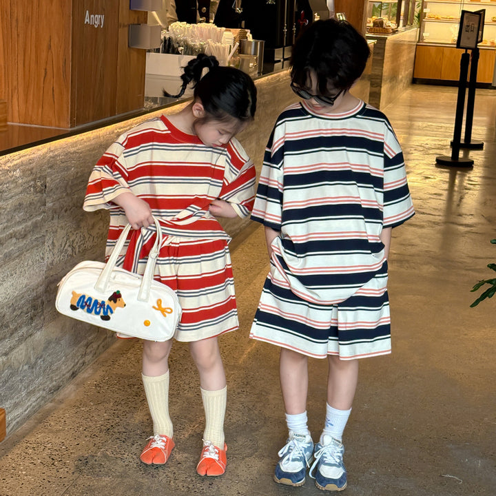 【90-150】ボーダー柄リラックス半袖セットアップ