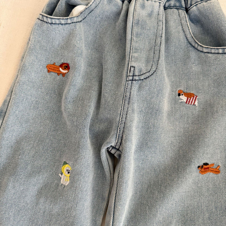 【80-150】刺繍デザインストレートデニムパンツ