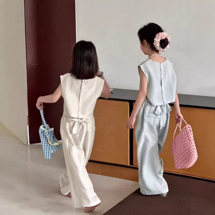 【90-140】バックボタントップス×リボンロングパンツセット