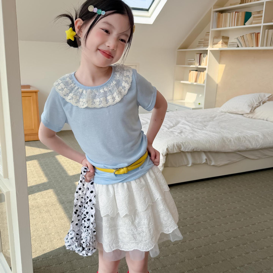 【100-150】レースラッフルカラーTシャツ