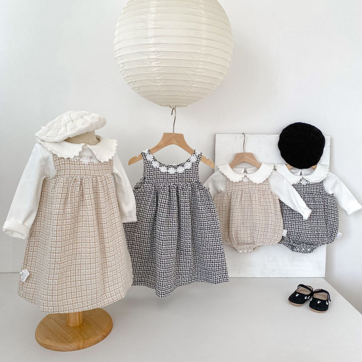 【80-130】フラワーモチーフチェック柄ワンピース