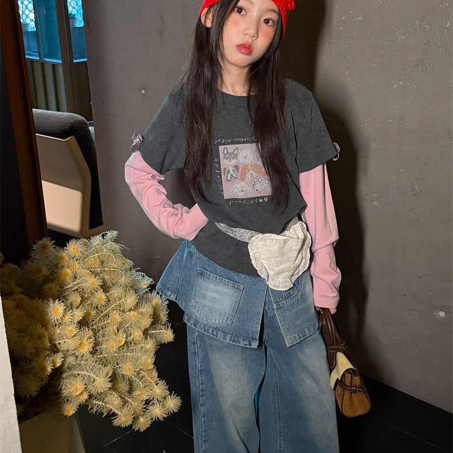 【100-150】レイヤード風デニムワイドパンツ