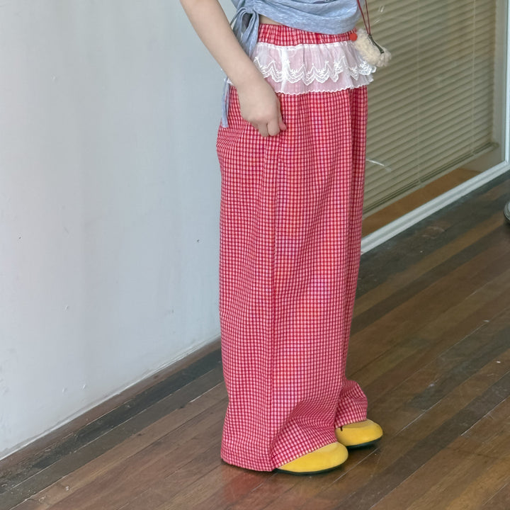 【90-150】ウエストレースギンガムチェックロングパンツ