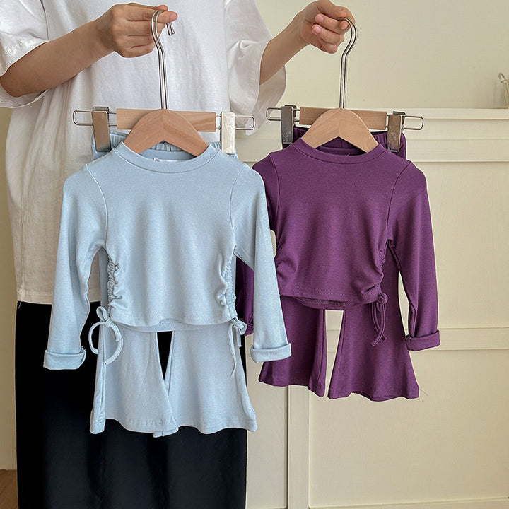 【90-140】ウエストシャーリングトップス×フレアパンツセット