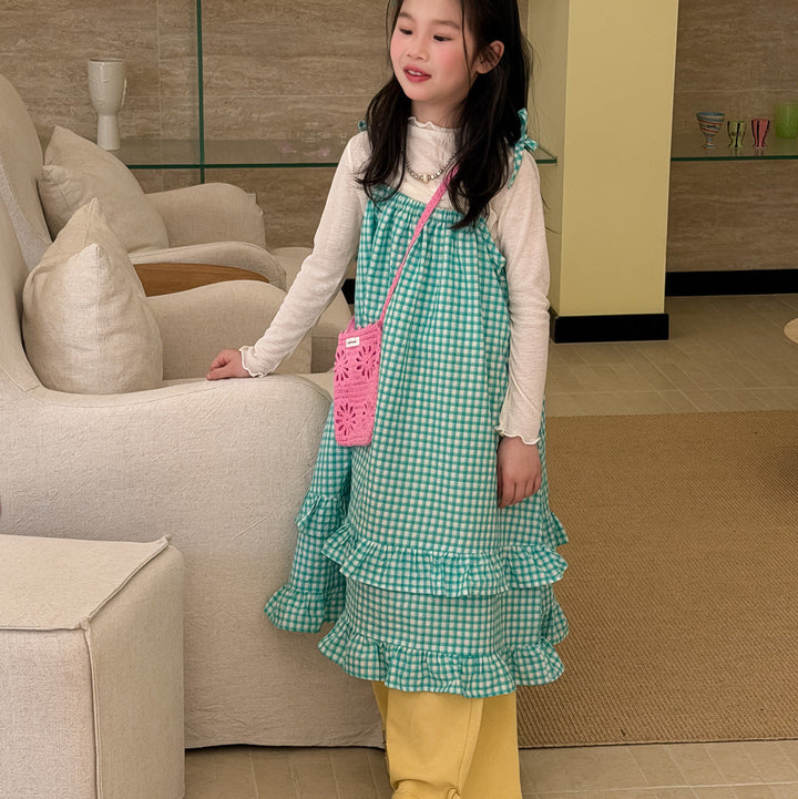 【100-150】チェック柄フリルデザインワンピース