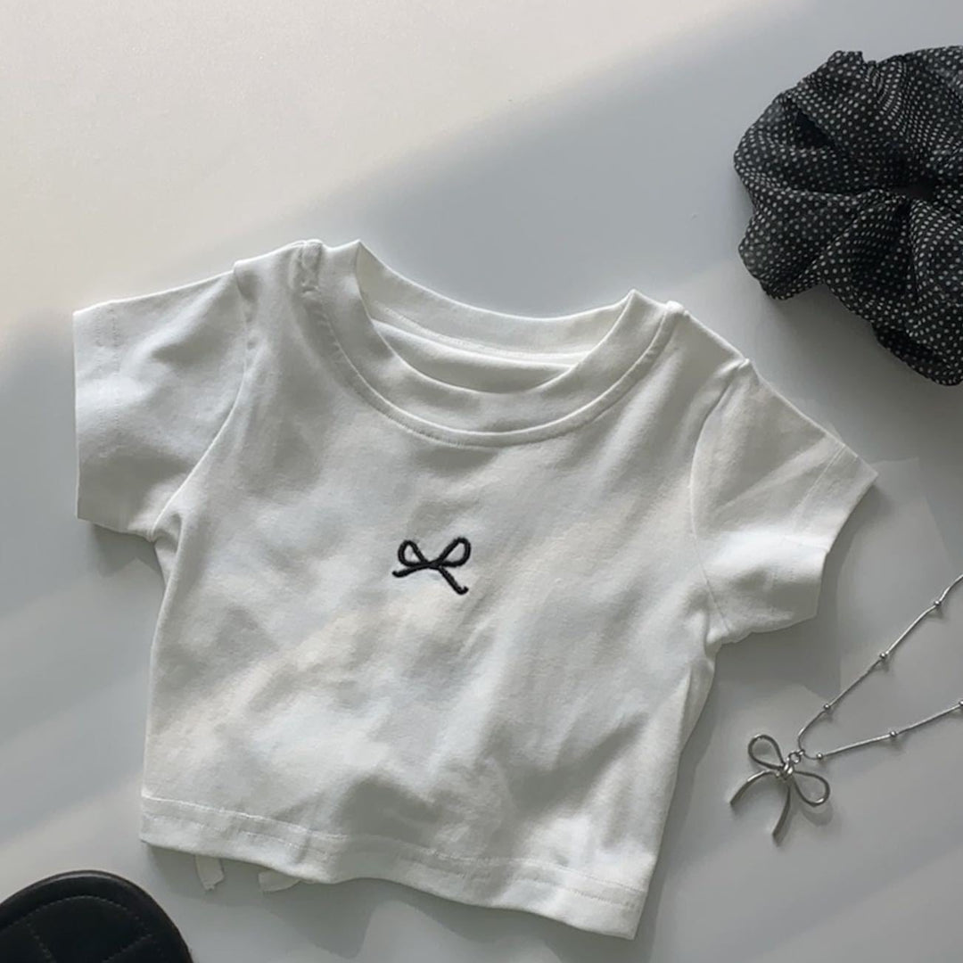 【90-140】フロントリボンバックオープンTシャツ