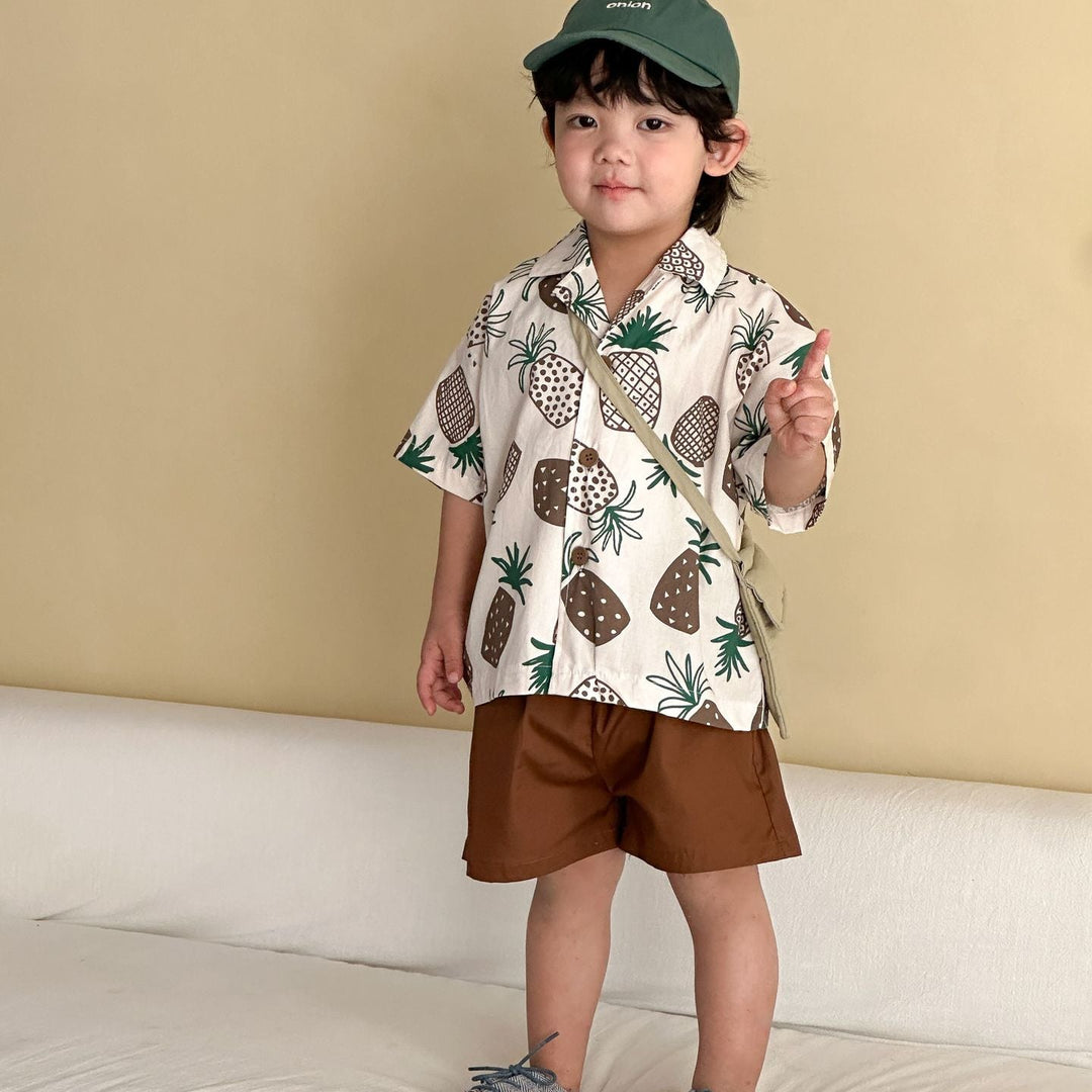 【80-150】パイナップル柄シャツ×ハーフパンツセット