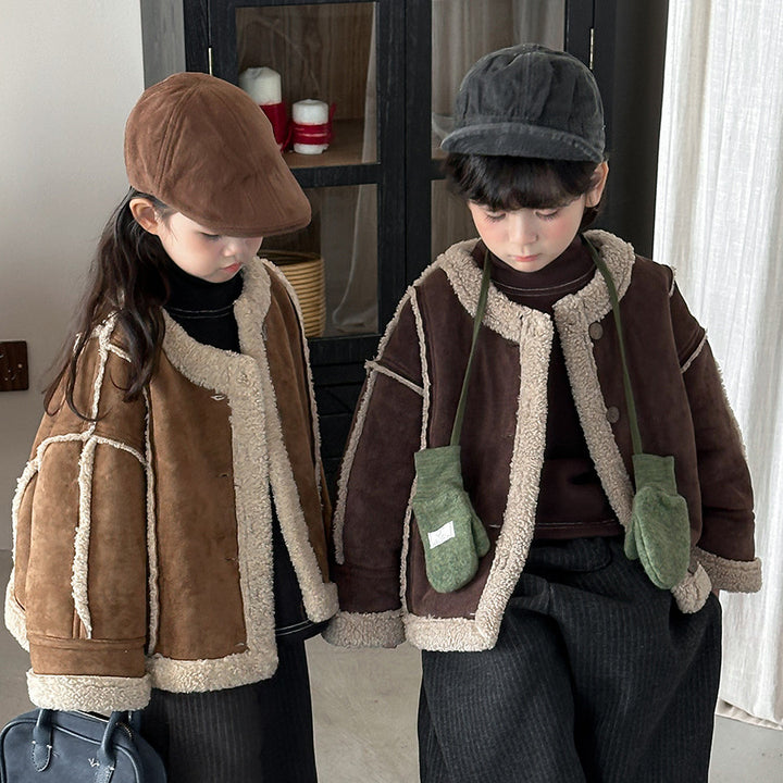 【80-140】ノーカラーフェイクムートンジャケット