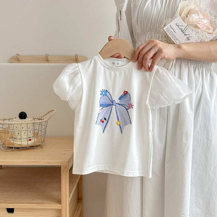 【90-140】フロントデザインパフスリーブTシャツ