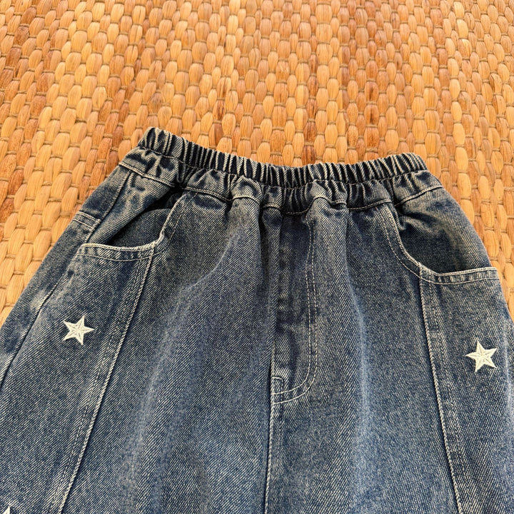 【90-140】サイドスター刺繍デニムパンツ