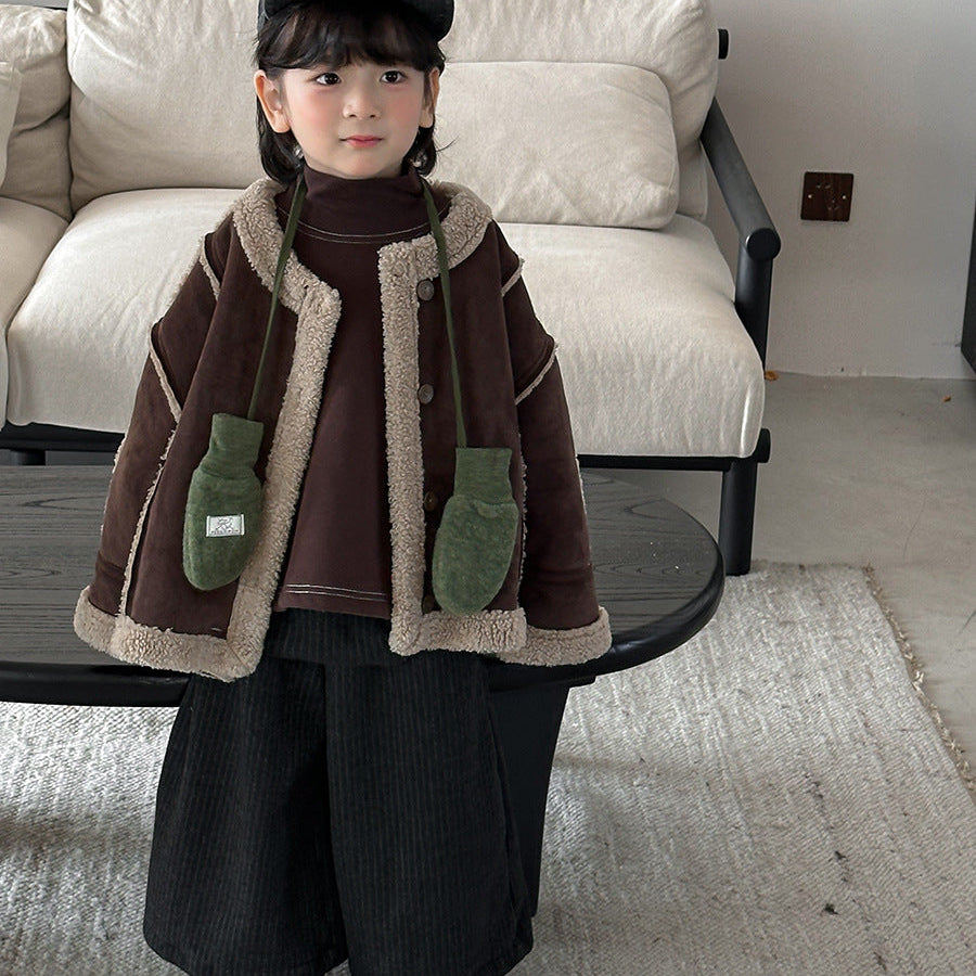 【80-140】ノーカラーフェイクムートンジャケット