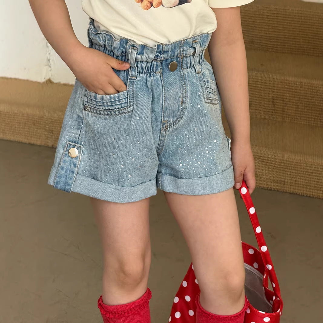【120-150】ウエストギャザーラインストーンデニムショートパンツ