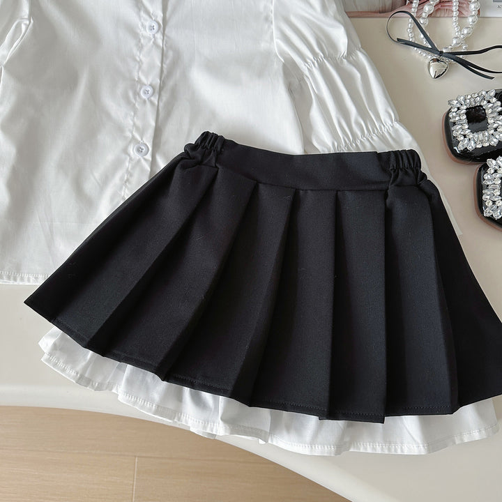 【90-140】ブラウス×ニットベスト×プリーツスカートセット