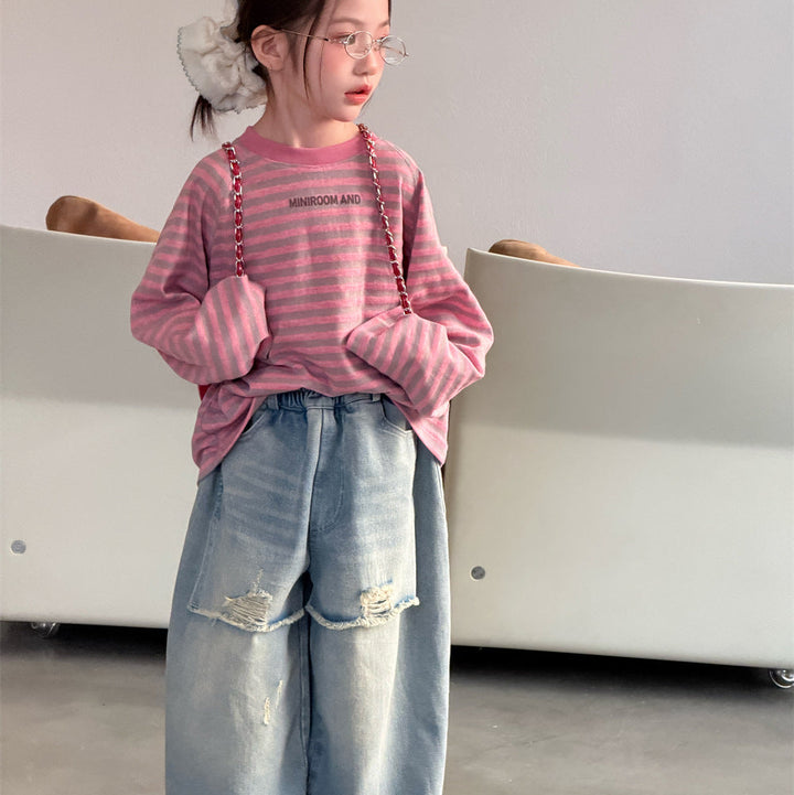 【90-150】ボーダーミニ英字ロゴ長袖Tシャツ