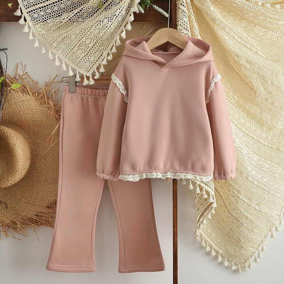 【100-140】レースデザインフーディーパーカー×ロングパンツセット