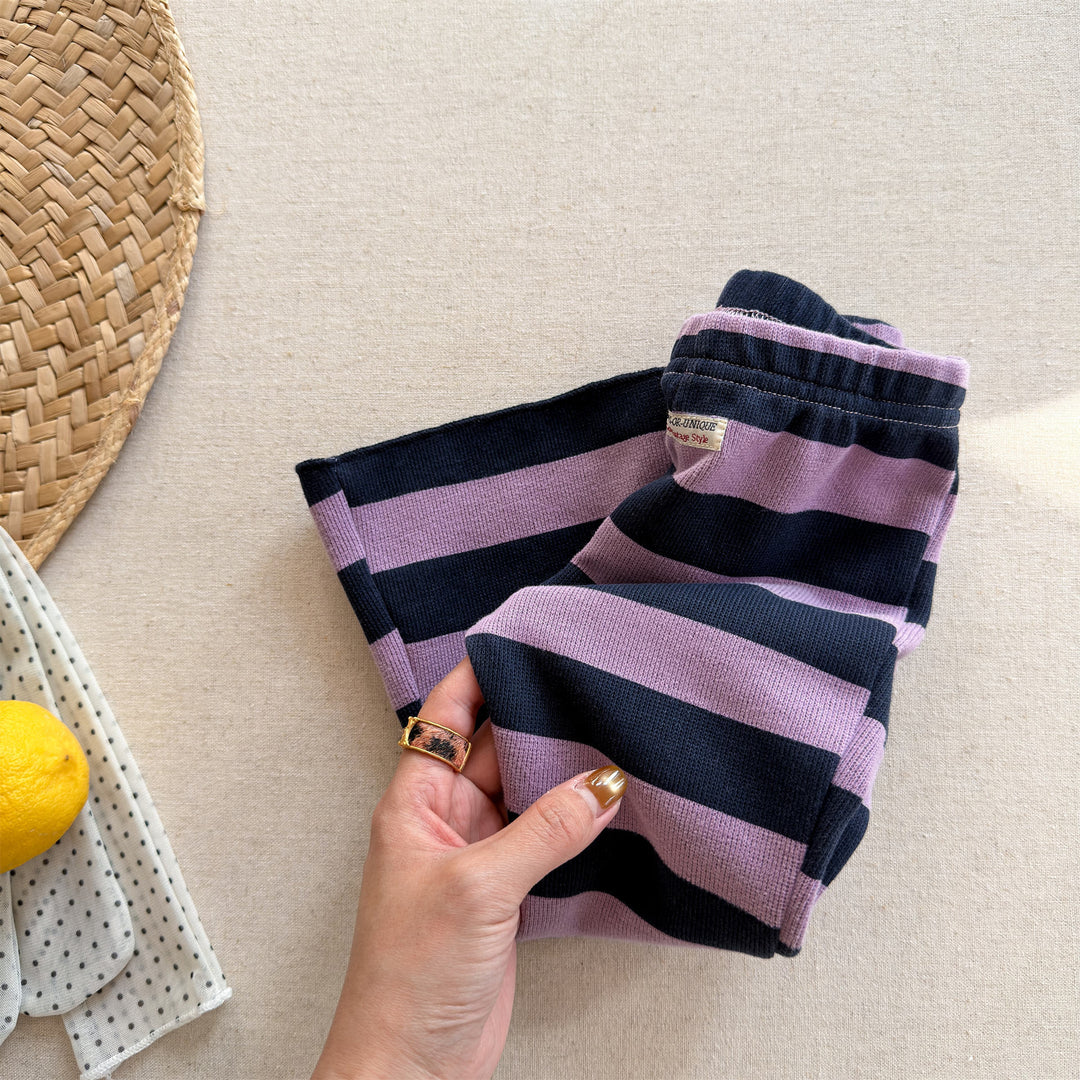 【80-130】太ボーダー柄フレアパンツ