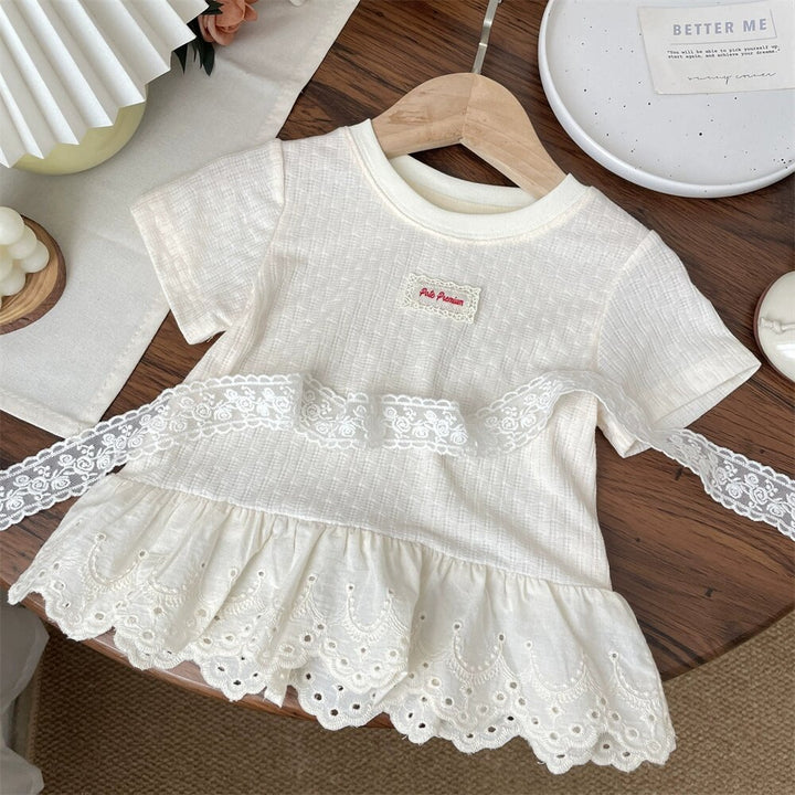 【90-140】レーヤード風レースヘムTシャツ