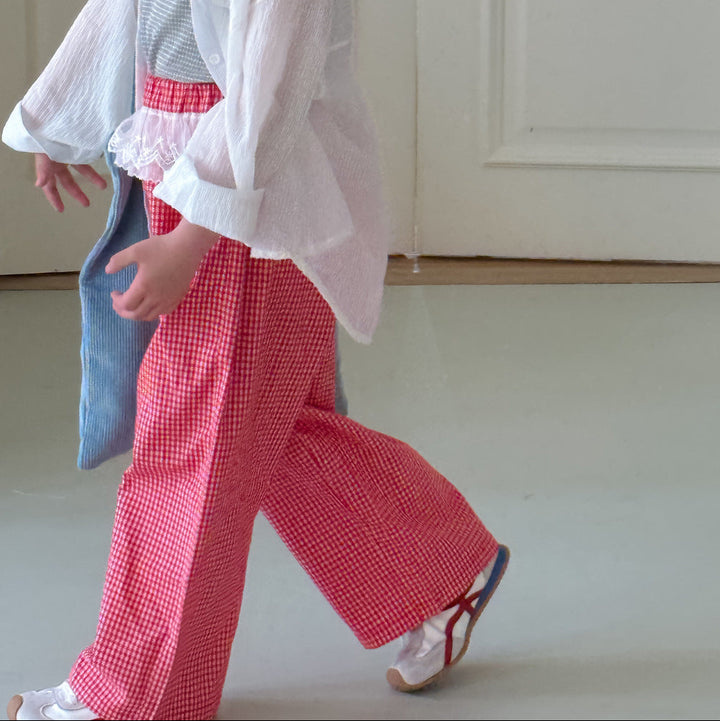 【90-150】ウエストレースギンガムチェックロングパンツ