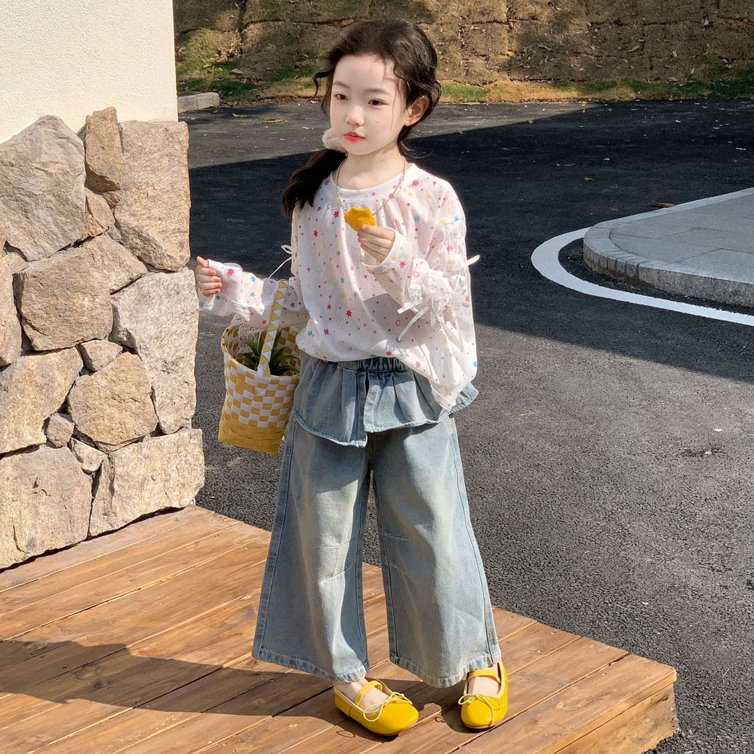 【90-140】レイヤード風ワイドデニムパンツ