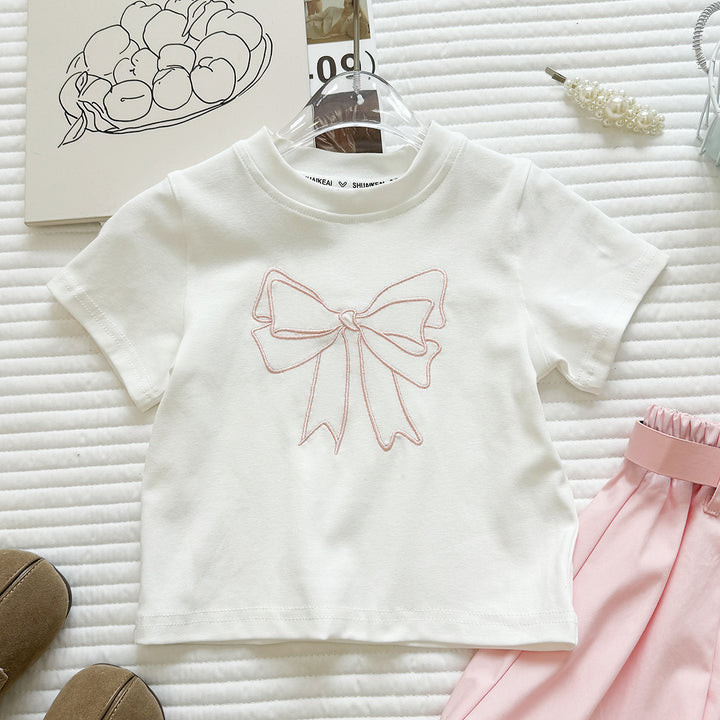 【90-140】フロントリボンTシャツ×ショートパンツセット