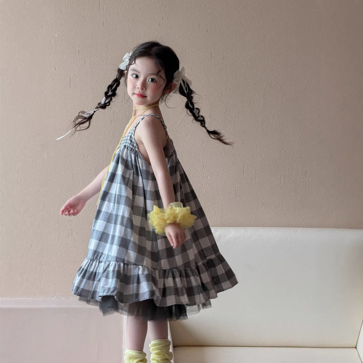 【90-150】フリルヘムギンガムチェックキャミワンピース