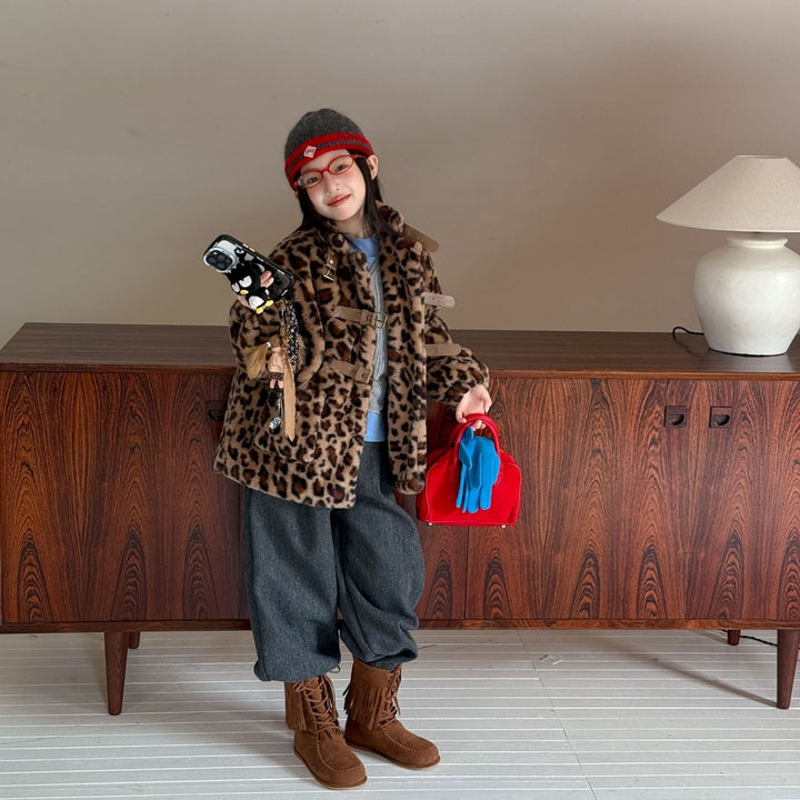 【100-150】レオパード柄スタンドカラーショートコート