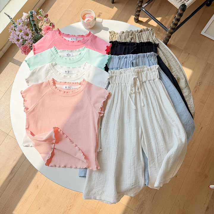 【90-140】メロウ半袖トップス×ロングパンツセット