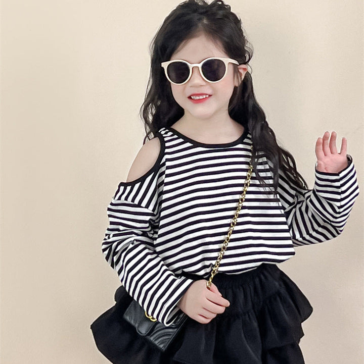 【90-140】ボーダー肩開きトップス