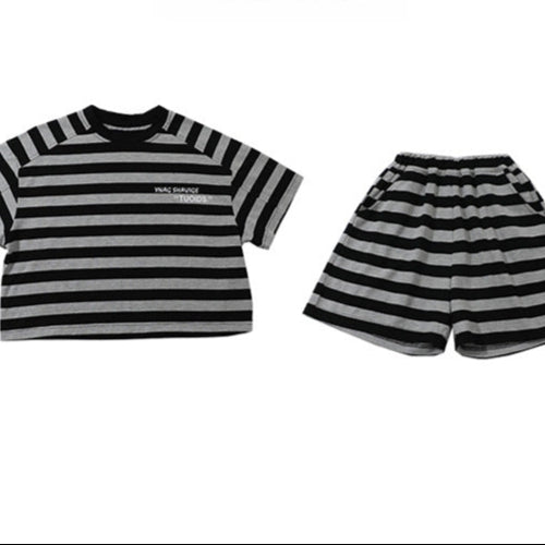 【90-140】ボーダーTシャツ×ハーフパンツセット