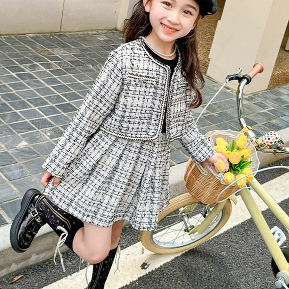 【90-140】ツイード風ジャケット×長袖ワンピースセット