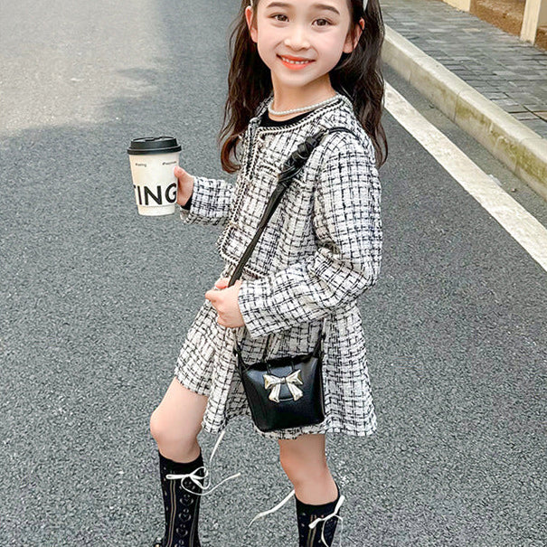 【90-140】ツイード風ジャケット×長袖ワンピースセット